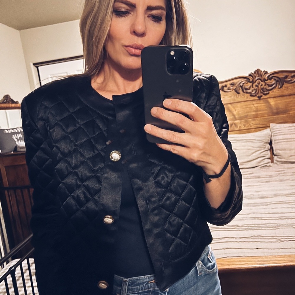 Black Quilted Cropped Jacket with Decorative Buttons